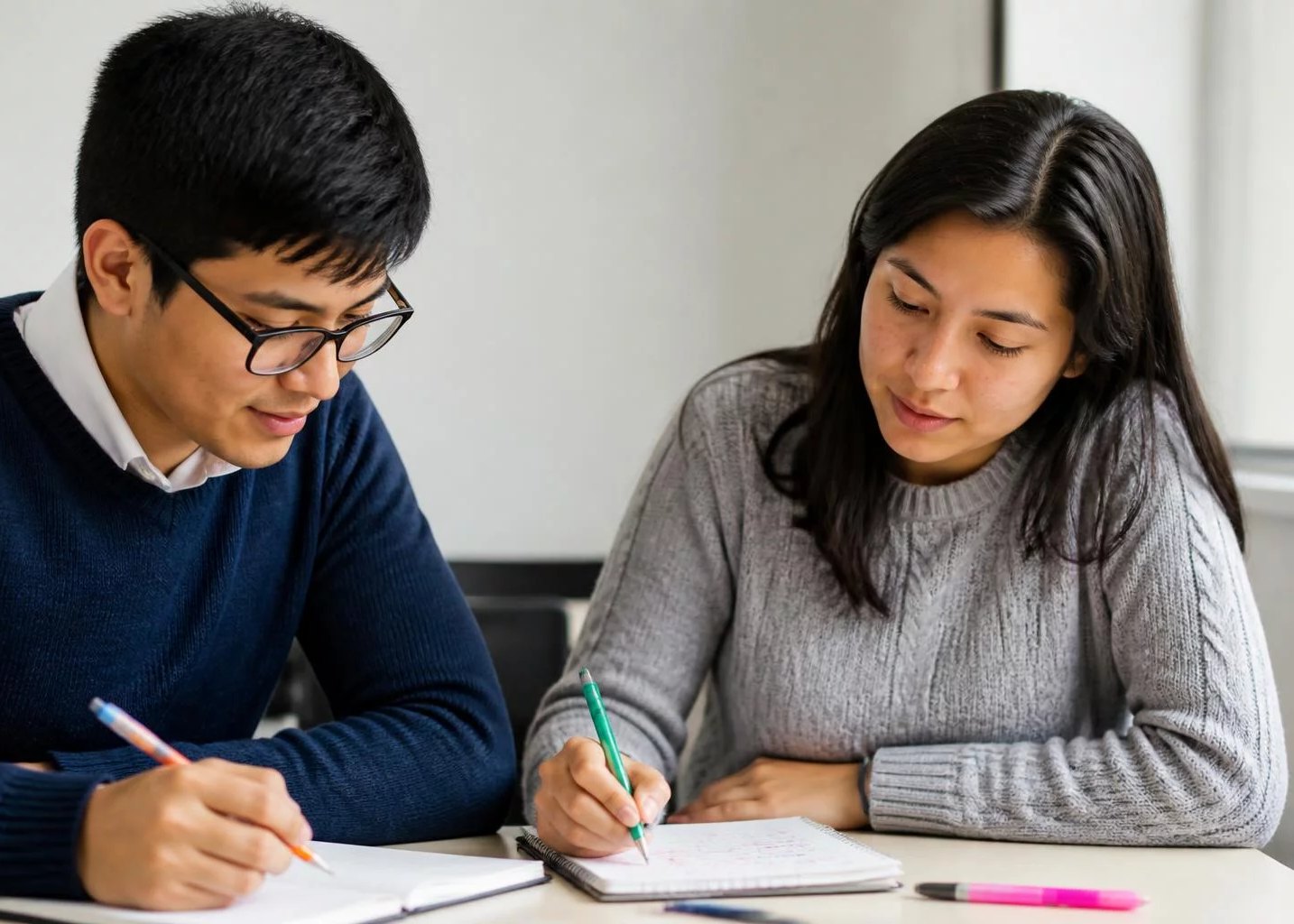 Dupla preparando su intervención con cuaderno y plumones