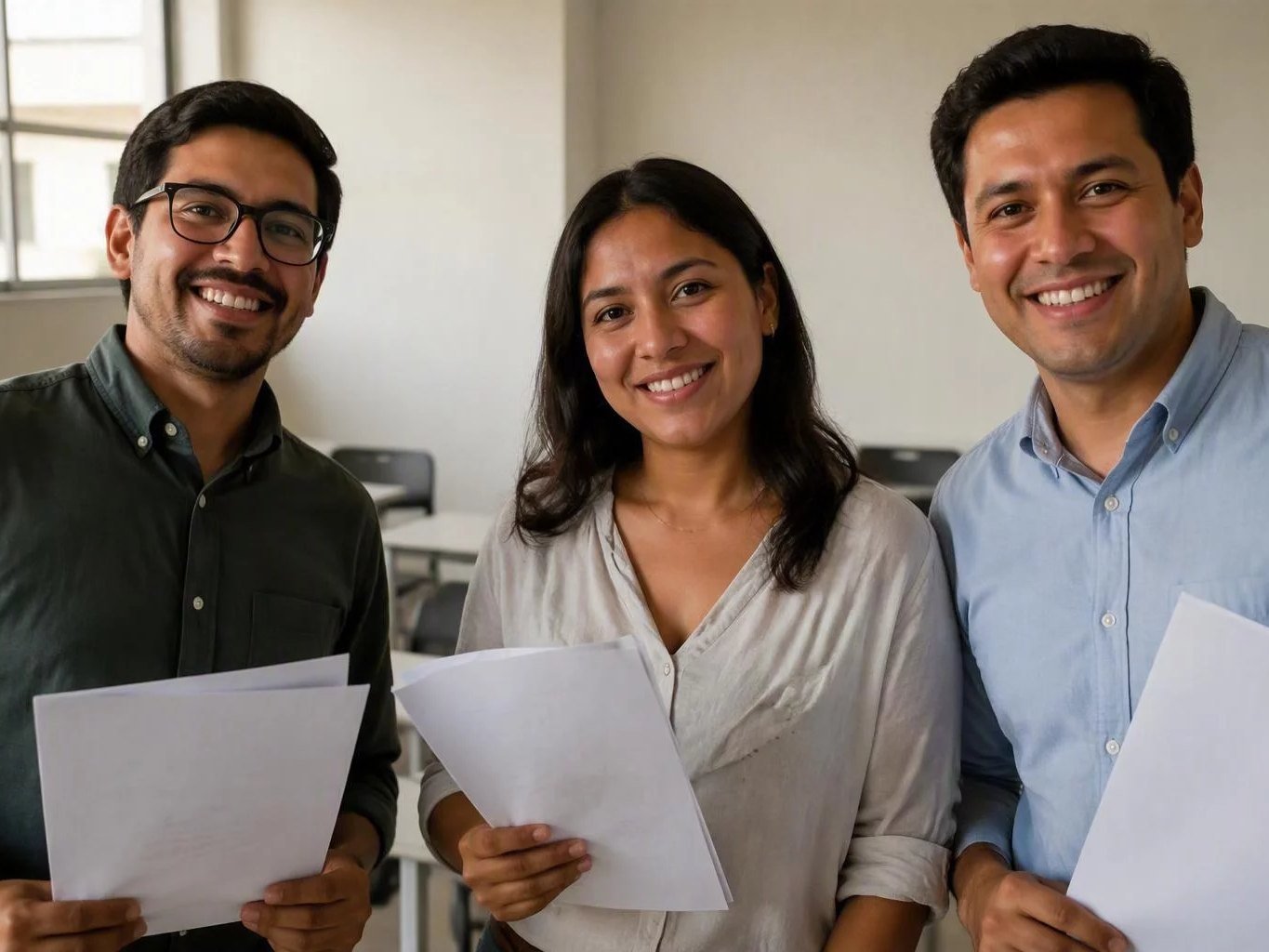 Tres personas sonriendo tras el cierre de una ronda