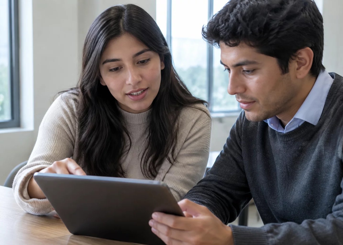 Dos personas inclinadas sobre una tablet con anotaciones