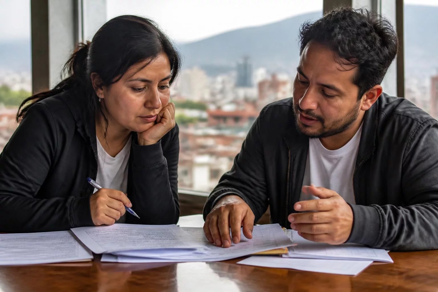 Dos asistentes en la mesa de trabajo, entre hojas y anotaciones